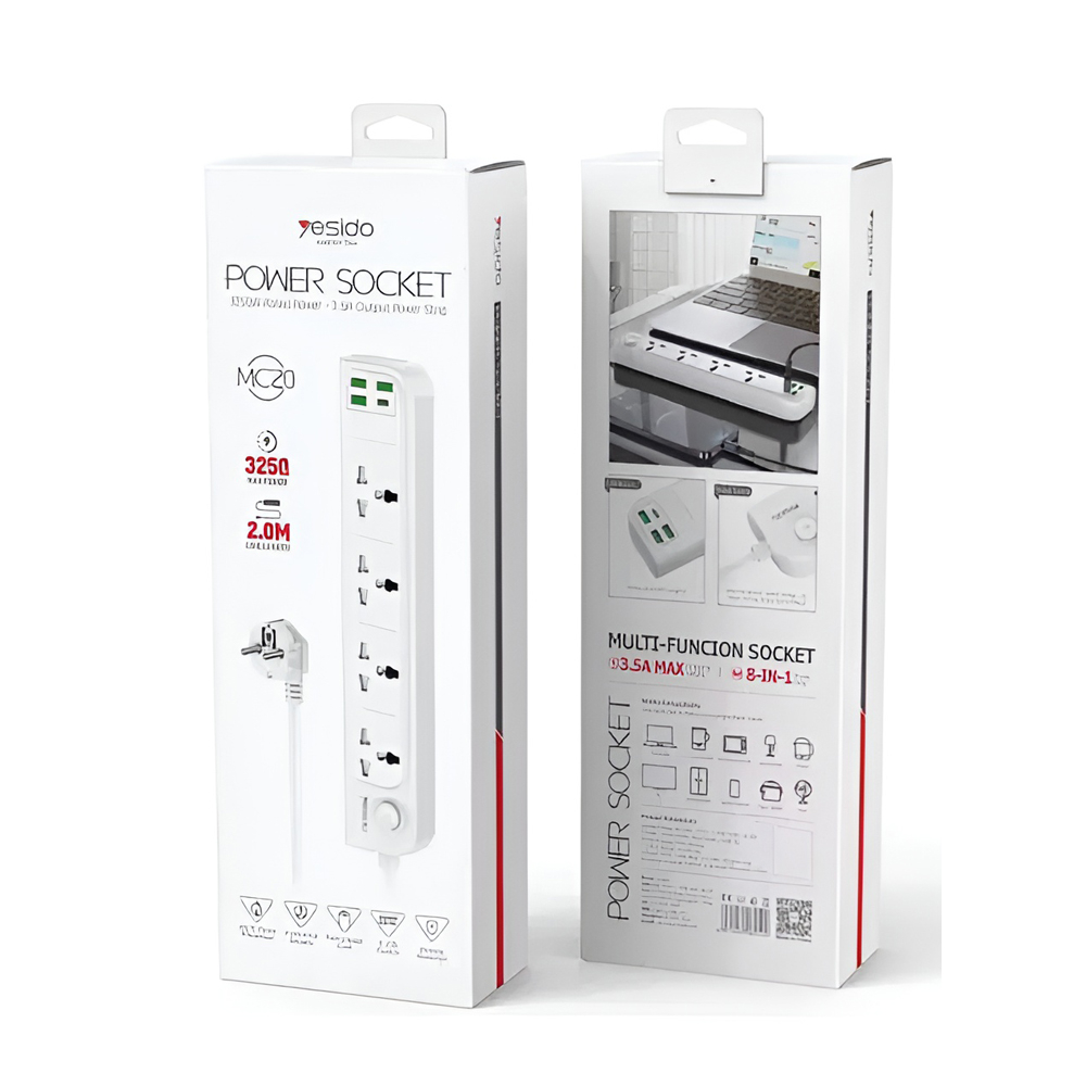 Yesido Power Socket 2M, 4 Ports, USB-C Max 15W,USB-A Max 12W, USB-C +USB-A = Max 15W MC20, White [3]