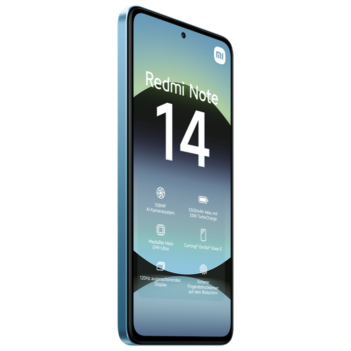 Telefon Xiaomi Redmi Note 14 4G 6/128GB EU Blue Diagonala ecranului: 6,67 ", Rezolutia ecranului: 2400x1080, Max. Rezoluția camerei: 108 MP, Cameră frontală: 20 MP, Capacitate acumulator: 5500 mAh, Chipset: Mediatek Helio G99 Ultra, Platformă software: Android, HyperOS, Grad de protecție: IP54, [3]
