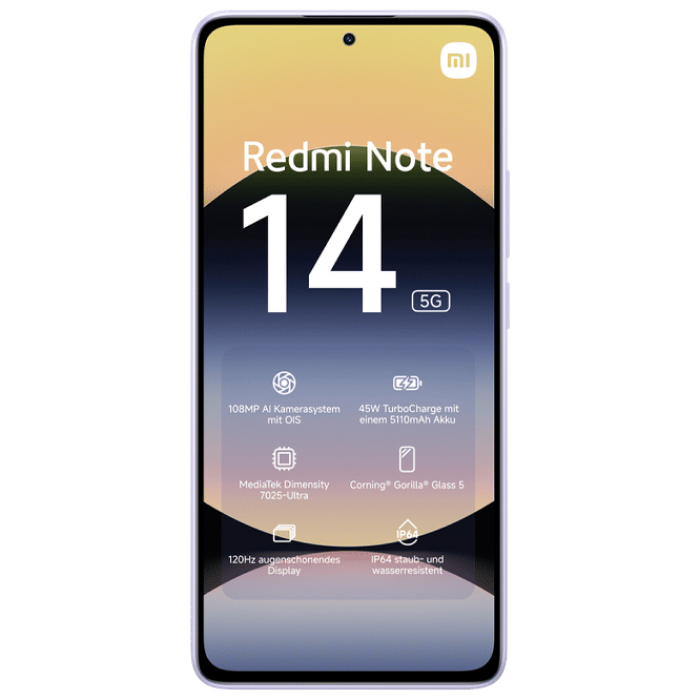 Telefon Xiaomi Redmi Note 14 5G 6/128GB EU Lavender Purple Diagonala ecranului: 6,67 ", Rezolutia ecranului: 2400x1080, Max. Rezoluția camerei: 108 MP, Cameră frontală: 20 MP, Capacitate acumulator: 5110 mAh, Chipset: Mediatek Dimensity 7025 Ultra, Platformă software: Android, HyperOS, Grad de protecție: IP64, [2]