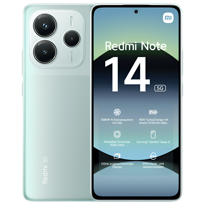 Telefon Xiaomi Redmi Note 14 5G 8/256GB EU Coral Green Diagonala ecranului: 6,67 ", Rezolutia ecranului: 2400x1080, Max. Rezoluția camerei: 50 MP, Cameră frontală: 20 MP, Capacitate acumulator: 5110 mAh, Chipset: Mediatek Dimensity 7025 Ultra, Platformă software: Android, HyperOS, Grad de protecție: IP64, [1]