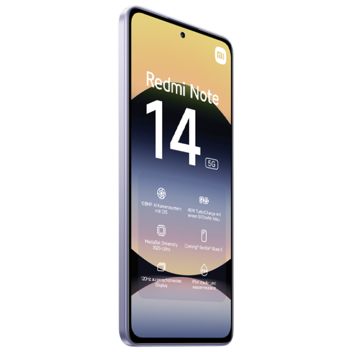 Телефон Xiaomi Redmi Note 14 5G 8/256ГБ EU Lavender Purple Диагональ экрана: 6,67 ", Разрешение экрана: 2400x1080, Макс. разрешение камеры: 50 MP, Фронтальная камера: 20 MP, Ёмкость аккумулятора: 5110 mAh, Чипсет: Mediatek Dimensity 7025 Ultra, Программная платформа: Android, HyperOS, Степень защиты: IP64, [2]