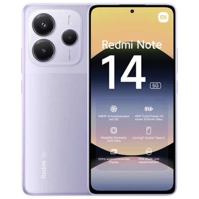 Телефон Xiaomi Redmi Note 14 5G 8/256ГБ EU Lavender Purple Диагональ экрана: 6,67 ", Разрешение экрана: 2400x1080, Макс. разрешение камеры: 50 MP, Фронтальная камера: 20 MP, Ёмкость аккумулятора: 5110 mAh, Чипсет: Mediatek Dimensity 7025 Ultra, Программная платформа: Android, HyperOS, Степень защиты: IP64, [1]
