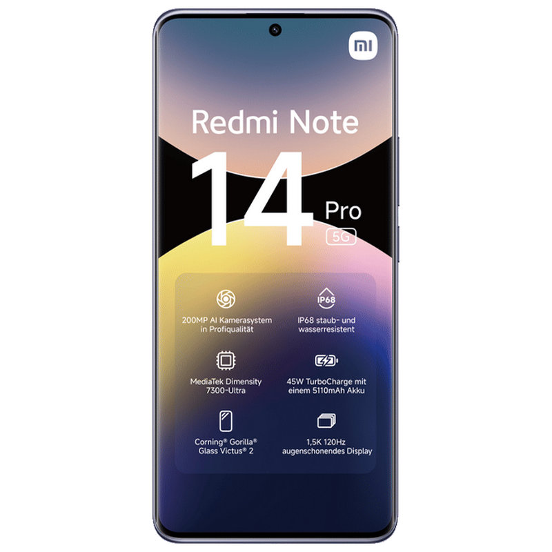 Телефон Xiaomi Redmi Note 14 Pro 5G 8/256ГБ EU Lavender Purple Диагональ экрана: 6,67 ", Разрешение экрана: 2712x1220, Макс. разрешение камеры: 200 MP, Фронтальная камера: 20 MP, Ёмкость аккумулятора: 5110 mAh, Чипсет: Mediatek Dimensity 7300 Ultra, Программная платформа: Android, HyperOS, Степень защиты: IP68 пыле/водостойкий, [2]
