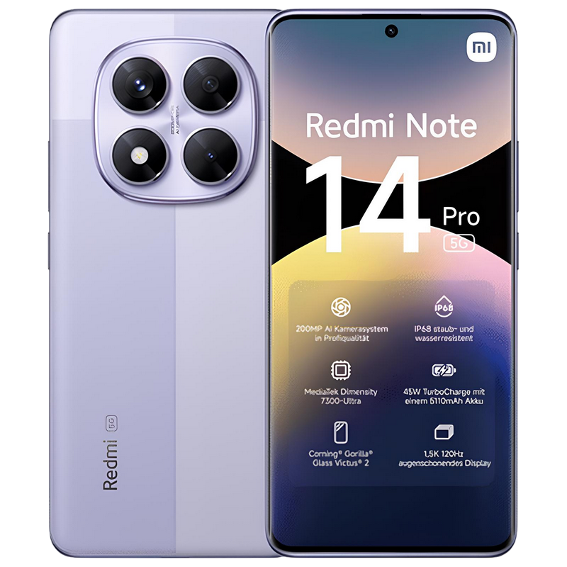 Телефон Xiaomi Redmi Note 14 Pro 5G 8/256ГБ EU Lavender Purple Диагональ экрана: 6,67 ", Разрешение экрана: 2712x1220, Макс. разрешение камеры: 200 MP, Фронтальная камера: 20 MP, Ёмкость аккумулятора: 5110 mAh, Чипсет: Mediatek Dimensity 7300 Ultra, Программная платформа: Android, HyperOS, Степень защиты: IP68 пыле/водостойкий, [1]
