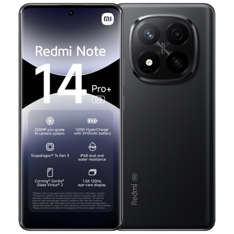 Telefon Xiaomi Redmi Note 14 Pro Plus 5G 12/512GB EU Midnight Black Diagonala ecranului: 6,67 ", Rezolutia ecranului: 2712x1220, Max. Rezoluția camerei: 200 MP, Cameră frontală: 20 MP, Capacitate acumulator: 5110 mAh, Chipset: Qualcomm SM7635 Snapdragon 7s Gen 3, Platformă software: Android, HyperOS, Grad de protecție: IP68 rezistent la praf/apă, [1]