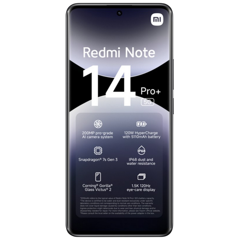 Telefon Xiaomi Redmi Note 14 Pro Plus 5G 12/512GB EU Midnight Black Diagonala ecranului: 6,67 ", Rezolutia ecranului: 2712x1220, Max. Rezoluția camerei: 200 MP, Cameră frontală: 20 MP, Capacitate acumulator: 5110 mAh, Chipset: Qualcomm SM7635 Snapdragon 7s Gen 3, Platformă software: Android, HyperOS, Grad de protecție: IP68 rezistent la praf/apă, [2]