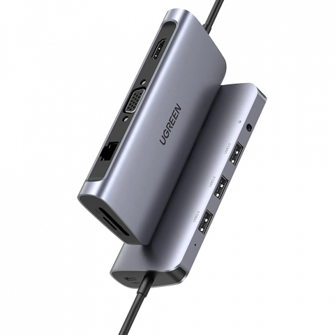 Echipamente de retea - UGREEN HUB 11in1 Type-C 3.0 to 2*USB 3.1 + USB 3.0 + Type-C 3.1 + 2*HDMI + SD/TF + 3.5mm Audio PD 100W CM179, Space Gray