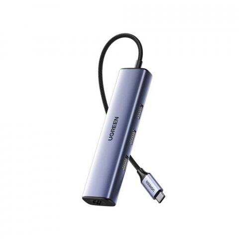 Echipamente de retea - UGREEN HUB 4in1 Type-C 3.0 to 3*USB 3.0 + Gigabit RJ45 + Type-C PD 100W CM475, Space Grey