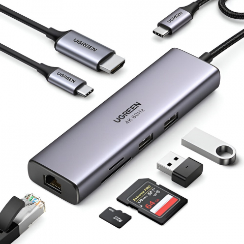 UGREEN HUB 7in1 Type-C 3.0 to + 2*USB 3.0 + HDMI + Gigabit RJ45 + SD/TF + PD 95W CM512, Grey [1]