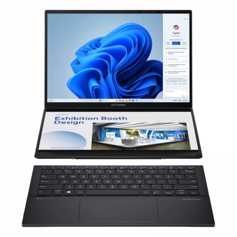 Laptop ASUS 14.0" Zenbook DUO OLED UX8406MA Gray - Core Ultra 9 185H 32Gb 1Tb Win 11 14.0" OLED WUXGA (1920x1200) Touch Glare, Intel Core Ultra 9 185H (16x Core, 6x 5.1GHz, 8x 3.8GHz, 2x 2.5GHz, 24Mb), 32Gb (Onboard) LPDDR5X, 1Tb PCIE, Intel Arc Graphics, HDMI, 802.11ax, Bluetooth, 2x USB-C TB4, 1x USB-A, IR FHD Webcam, Windows 11 Home, 4-cell 75Wh Battery, Soft Keyboard 0.3kg, 1.35kg, Inkwell Gray, Sleeve, ASUS Pen [7]