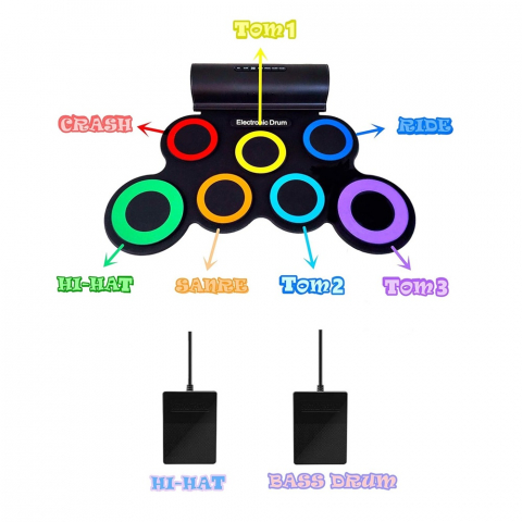 Roll Drum with Built-in Speakers, 7 pads Electronic, Rainbow Color [1]