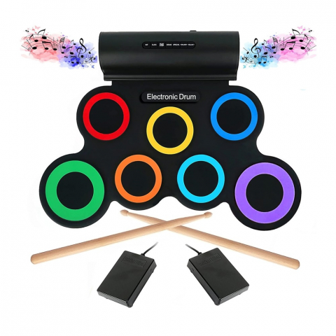 Jucării - Roll Drum with Built-in Speakers, 7 pads Electronic, Rainbow Color