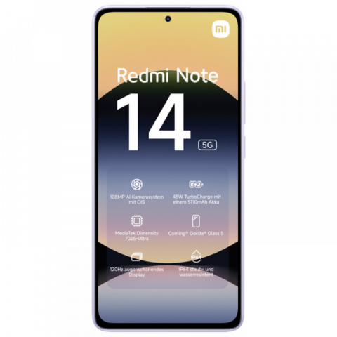 Telefon Xiaomi Redmi Note 14 5G 6/128GB EU Lavender Purple Diagonala ecranului: 6,67 ", Rezolutia ecranului: 2400x1080, Max. Rezoluția camerei: 108 MP, Cameră frontală: 20 MP, Capacitate acumulator: 5110 mAh, Chipset: Mediatek Dimensity 7025 Ultra, Platformă software: Android, HyperOS, Grad de protecție: IP64, [1]