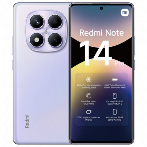 Xiaomi - Telefon Xiaomi Redmi Note 14 Pro 4G 8/256GB EU Purple Diagonala ecranului: 6,67 ", Rezolutia ecranului: 2400x1080, Max. Rezoluția camerei: 200 MP, Cameră frontală: 32 MP, Capacitate acumulator: 5500 mAh, Chipset: Mediatek Helio G100 Ultra, Platformă software: Android, HyperOS, Grad de protecție: IP64,