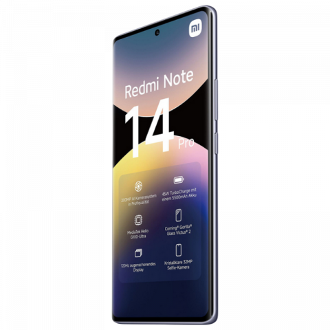 Telefon Xiaomi Redmi Note 14 Pro 4G 8/256GB EU Purple Diagonala ecranului: 6,67 ", Rezolutia ecranului: 2400x1080, Max. Rezoluția camerei: 200 MP, Cameră frontală: 32 MP, Capacitate acumulator: 5500 mAh, Chipset: Mediatek Helio G100 Ultra, Platformă software: Android, HyperOS, Grad de protecție: IP64, [3]