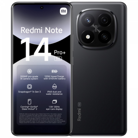 Xiaomi - Telefon Xiaomi Redmi Note 14 Pro Plus 5G 12/512GB EU Midnight Black Diagonala ecranului: 6,67 ", Rezolutia ecranului: 2712x1220, Max. Rezoluția camerei: 200 MP, Cameră frontală: 20 MP, Capacitate acumulator: 5110 mAh, Chipset: Qualcomm SM7635 Snapdragon 7s Gen 3, Platformă software: Android, HyperOS, Grad de protecție: IP68 rezistent la praf/apă,