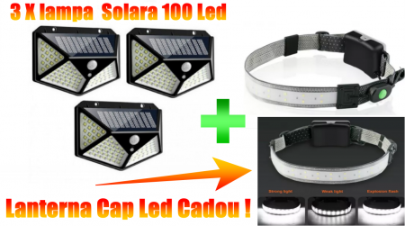Set 3 x Lampa 100 LED cu panou solar, senzor de miscare + Cadou Lanterna Cap LED [4]