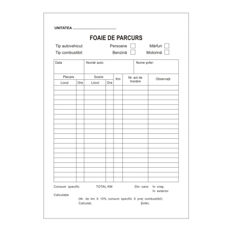Tipizate - Foaie parcurs transport persoane A5, F/V, 100 file