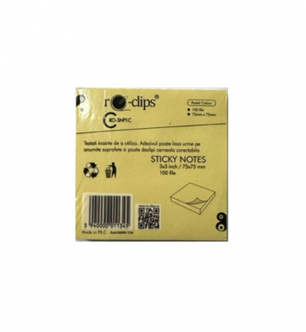 Notes-uri autoadezive - Notes autoadeziv 75x75 mm, 100 file, culori pale RO-CLIPS