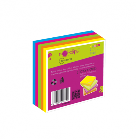 Notes-uri autoadezive - Notes autoadeziv minicub 51x51 mm, 250 file, culori intense RO-CLIPS