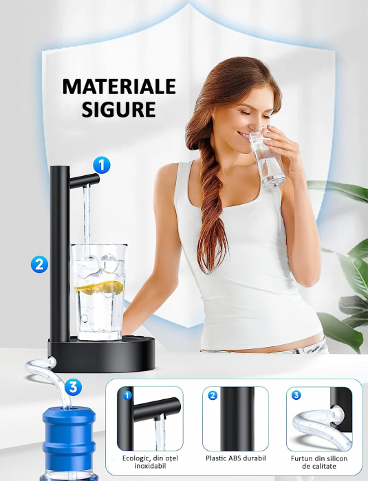 Dozator de apă, pompă electrică, smart 7 moduri, cu acumulator, încărcare usb, negru, obralix® [5]