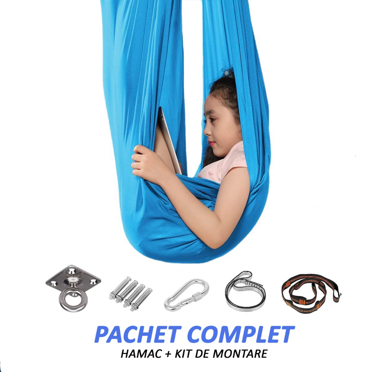 Hamac elastic, leagan, terapie senzoriala, kit complet, maxim 99 kg, albastru deschis [2]