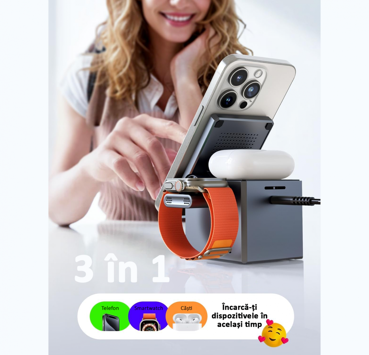 Incarcator wireless magnetic 3 in 1, Fast Charger, 15W, Casti, Smartwatch, Pliabil, Negru [4]