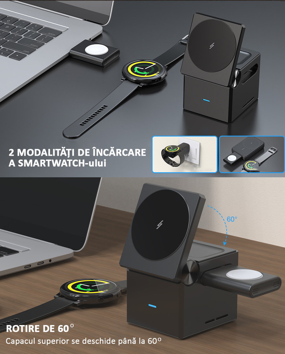 Incarcator wireless magnetic 3 in 1, Fast Charger, 15W, Casti, Smartwatch, Pliabil, Negru [6]