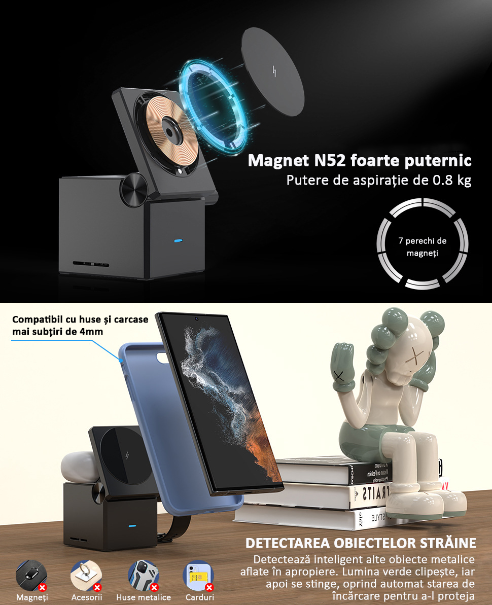 Incarcator wireless magnetic 3 in 1, Fast Charger, 15W, Casti, Smartwatch, Pliabil, Negru [5]