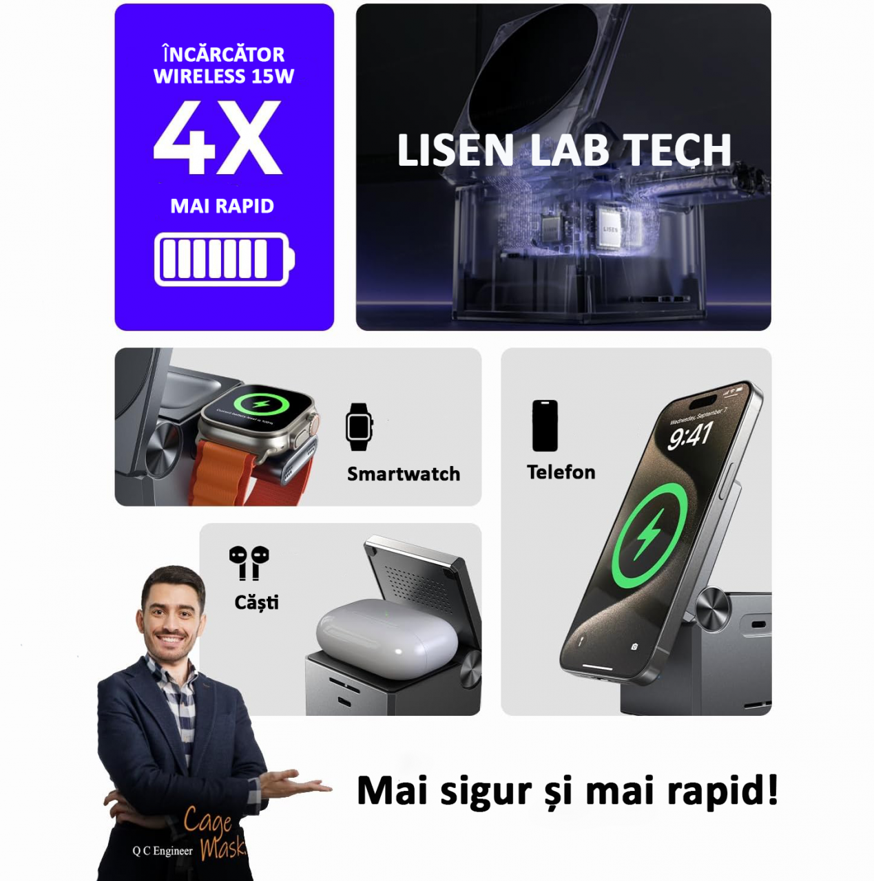 Incarcator wireless magnetic 3 in 1, Fast Charger, 15W, Casti, Smartwatch, Pliabil, Negru [3]