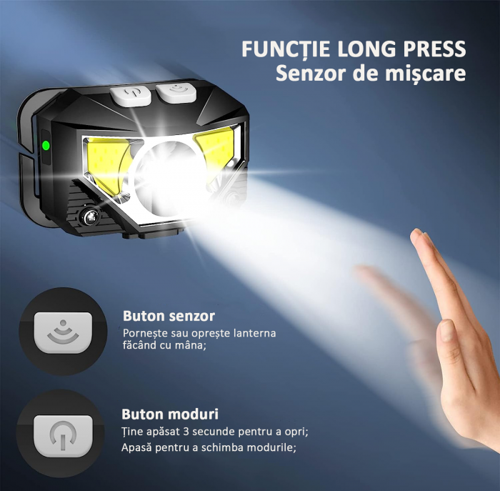 Lanternă LED frontală, 8 moduri iluminare, rezistentă la apă, senzor de mișcare, camping, alergare, ciclism, pescuit, obralix® [3]