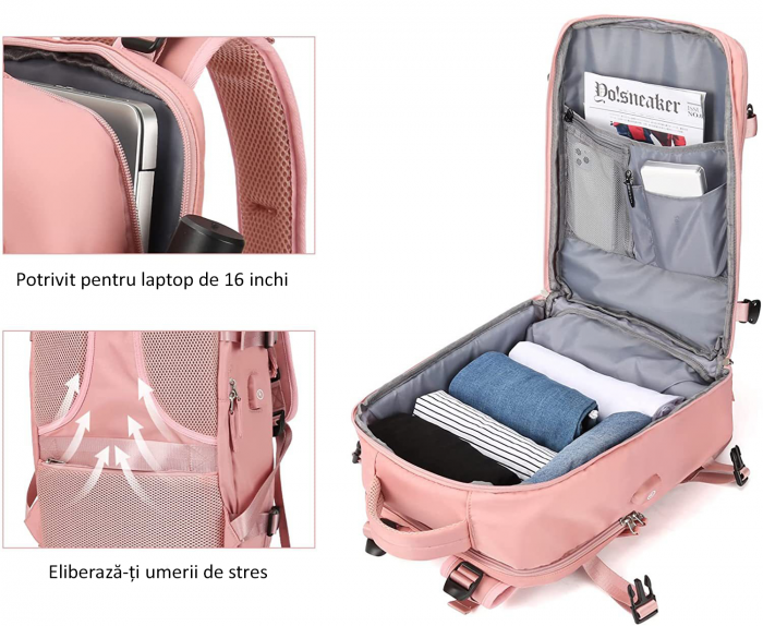 Rucsac Călătorie, compartiment Laptop, Business, pentru Avion, port de încarcare USB, Impermeabil, 42x30x20 cm, Roz [3]