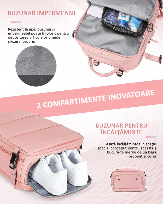 Rucsac Călătorie, compartiment Laptop, Business, pentru Avion, port de încarcare USB, Impermeabil, 42x30x20 cm, Roz [6]
