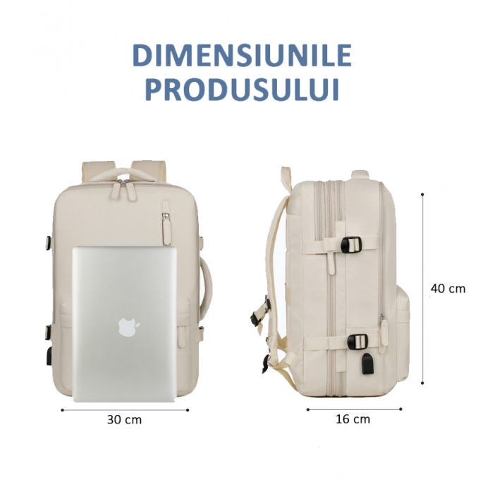 Rucsac Călătorie extensibil, compartiment Laptop, Impermeabil, port USB, până la 39 L, Bej [3]