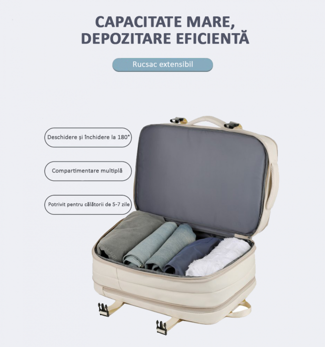 Rucsac Călătorie extensibil, compartiment Laptop, Impermeabil, port USB, până la 39 L, Bej [6]