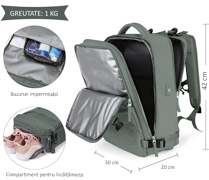Rucsac Călătorie, pentru Laptop, Business, City Break, Impermeabil, port USB, 42x30x20 cm, Kaki [3]