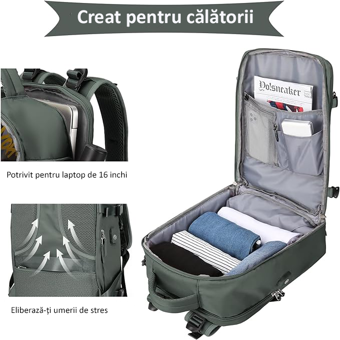 Rucsac Călătorie, pentru Laptop, Business, City Break, Impermeabil, port USB, 42x30x20 cm, Kaki [2]