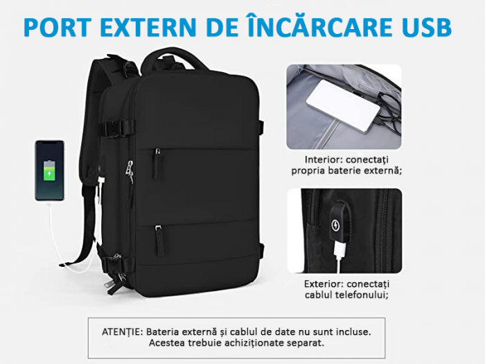 Rucsac Călătorie pentru Laptop, Business, Wizz Air, port de încărcare USB, până la 35 L, Impermeabil, 42x30x20 cm, Negru [6]