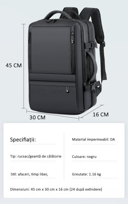 Rucsac Călătorie pentru Laptop, Extensibil, Impermeabil, port USB, până la 40 L, Negru, obralix® [12]