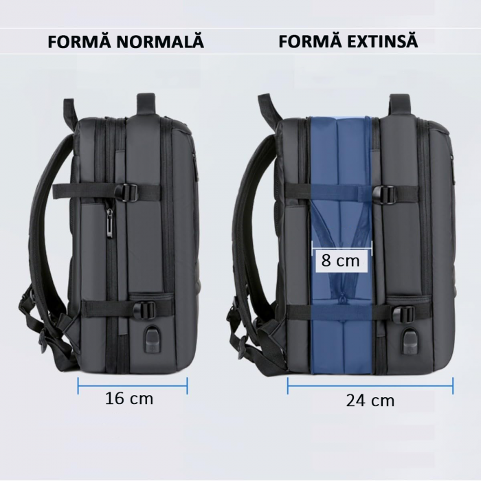 Rucsac Călătorie pentru Laptop, Extensibil, Impermeabil, port USB, până la 40 L, Negru, obralix® [13]