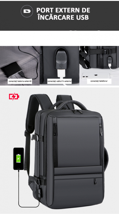 Rucsac Călătorie pentru Laptop, Extensibil, Impermeabil, port USB, până la 40 L, Negru, obralix® [6]