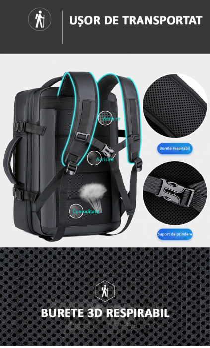Rucsac Călătorie pentru Laptop, Extensibil, Impermeabil, port USB, până la 40 L, Negru, obralix® [9]