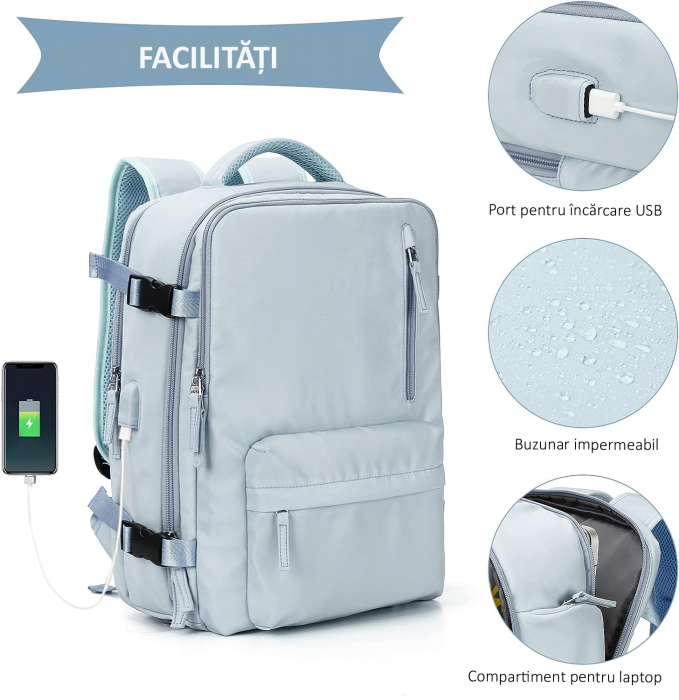 Rucsac Călătorie pentru Laptop, Wizz Air, Business, port de încarcare USB, până la 35 L, Impermeabil, 42x30x20 cm, Albastru deschis [4]