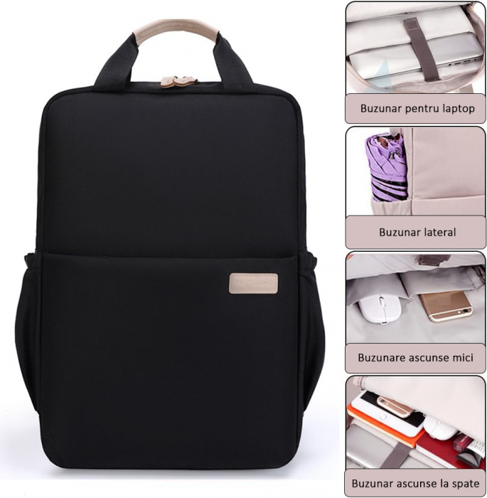 Rucsac Laptop 15.6", Office, Elegant, pentru Studenți, Impermeabil, 40x27x11 cm, Negru, obralix® [5]