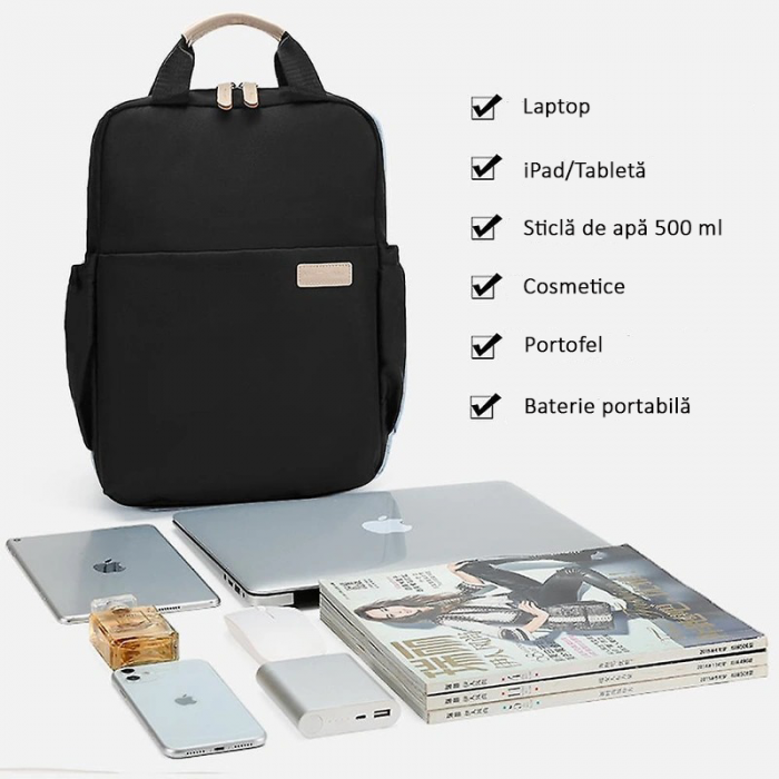 Rucsac Laptop 15.6", Office, Elegant, pentru Studenți, Impermeabil, 40x27x11 cm, Negru, obralix® [3]