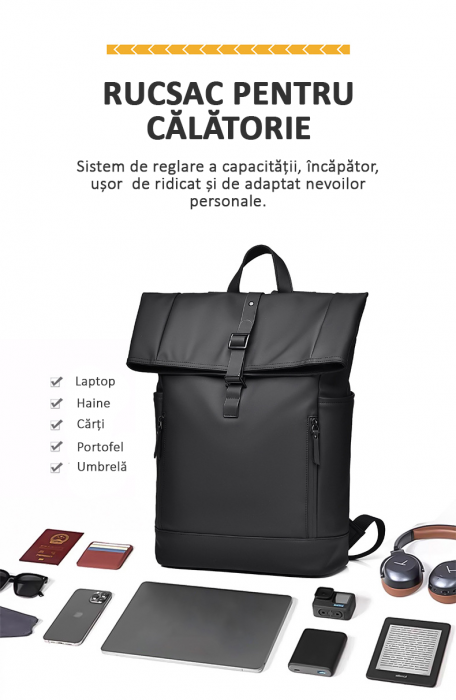 Rucsac laptop, multifuncțional, impermeabil, rezistent, business, elegant, negru [9]