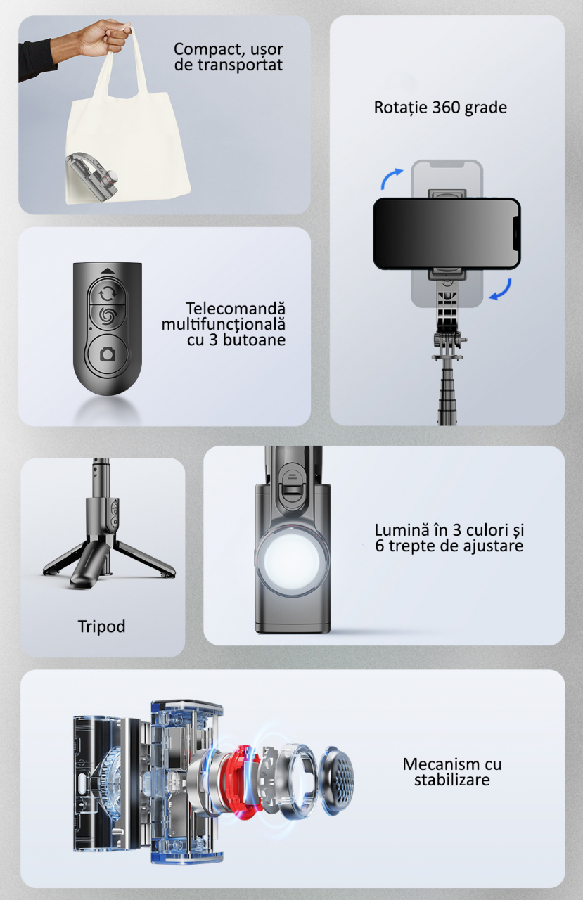 Selfie Stick cu Stabilizator, LED, Telecomanda Bluetooth, iOS/Android, OBRALIX® [2]