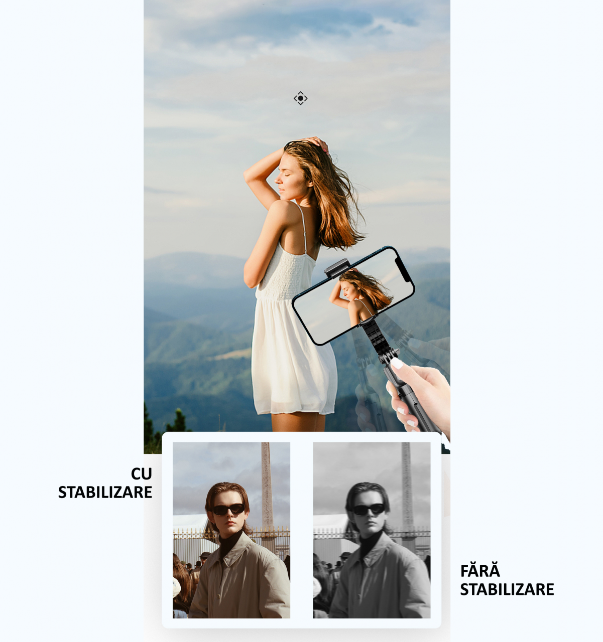 Selfie Stick cu Stabilizator, LED, Telecomanda Bluetooth, iOS/Android, OBRALIX® [4]