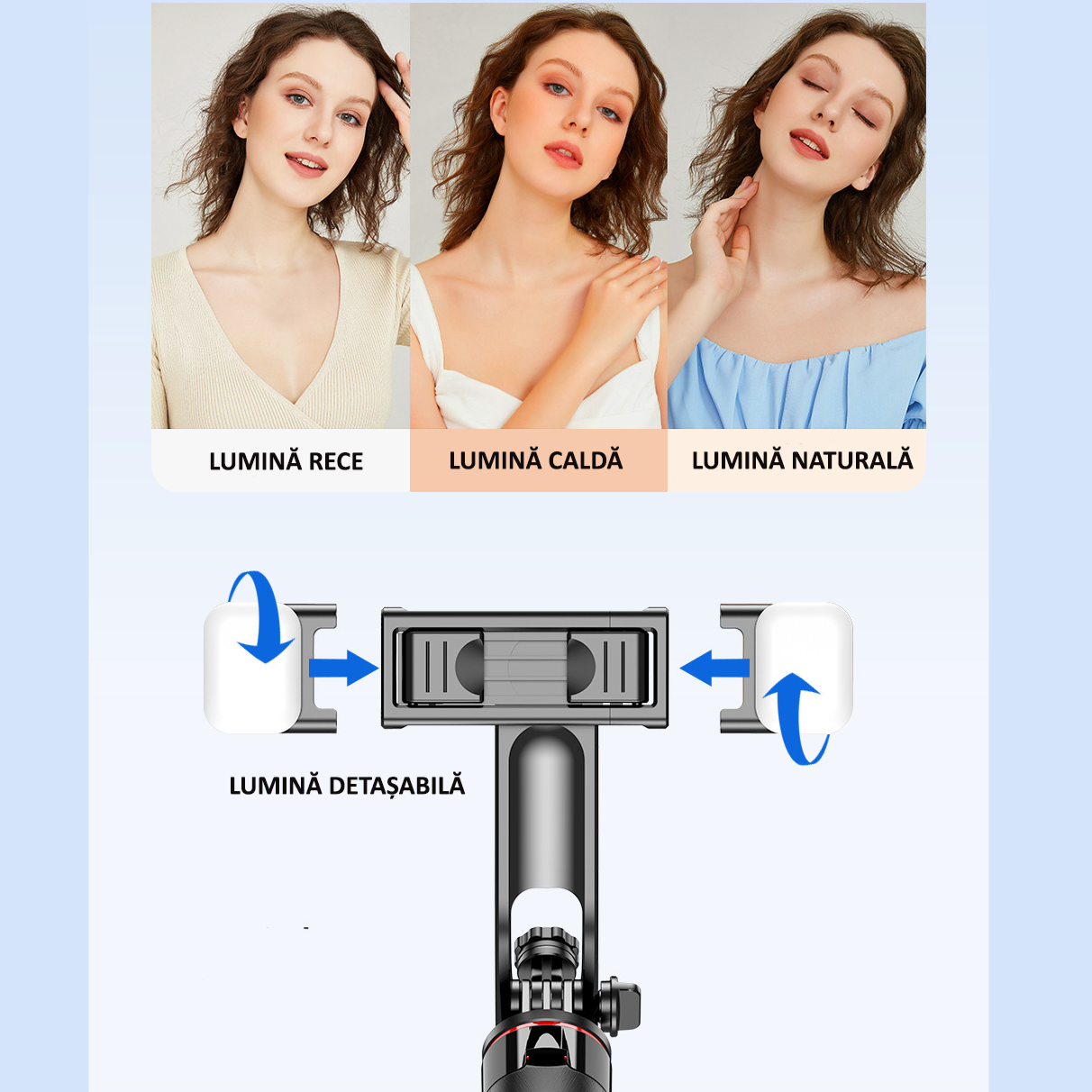 Selfie Stick multifunctional, cu LED, Telecomanda Bluetooth, iOS/Android, 130 cm [7]