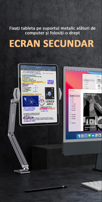 Suport tabletă, iPad, monitor, unghi reglabil, H20-60 cm, aluminiu, argintiu, obralix® [3]